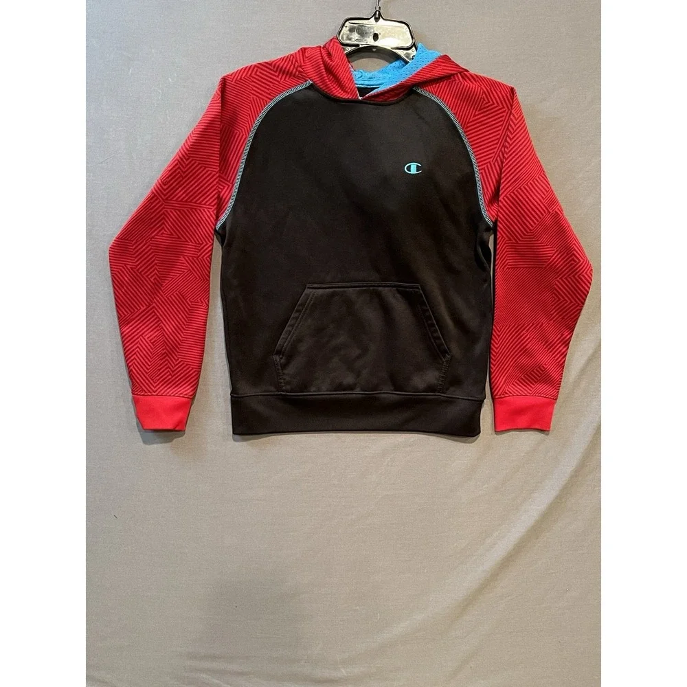 Champion Hooded Sweatshirt Boys Large Black Red Colorblock Pullover‎ Hoodie